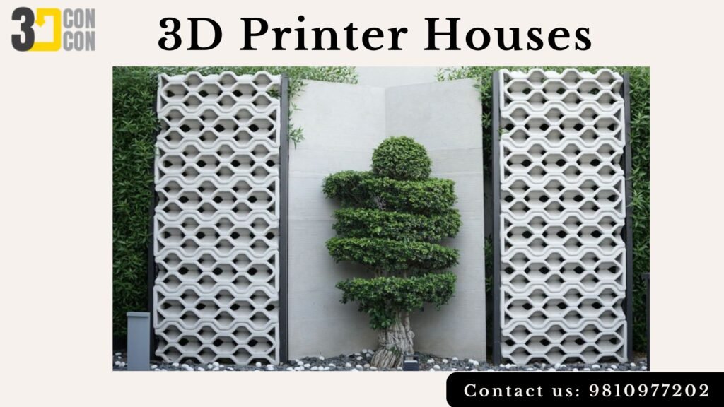 The picture features modern architectural elements, including intricately designed, geometrically patterned walls created using 3D printing technology.